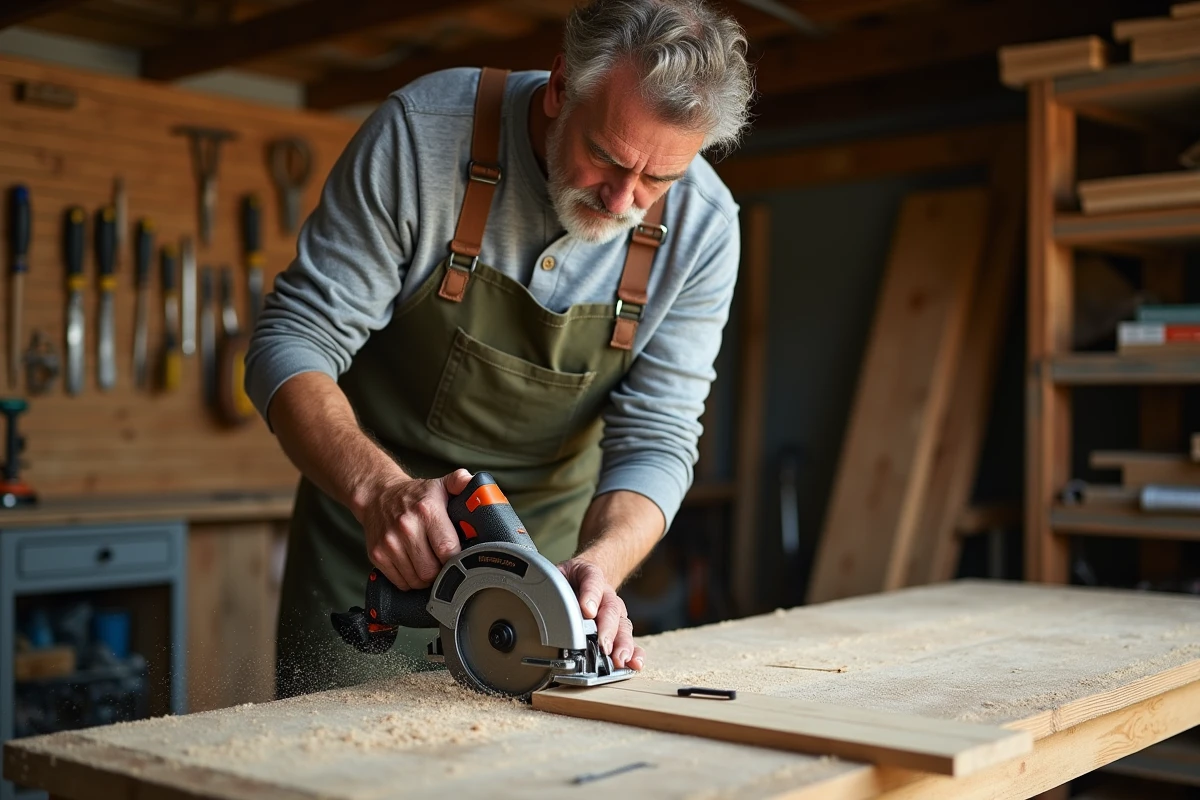 Homme bricoleur utilisant une scie circulaire Black & Decker CD601 pour couper une planche de bois dans un atelier de garage