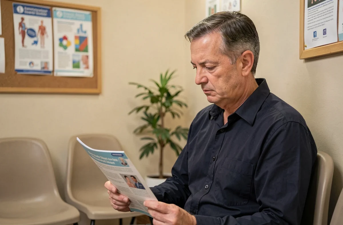 Homme consultant une brochure santé fiable dans une salle d'attente de médecin généraliste