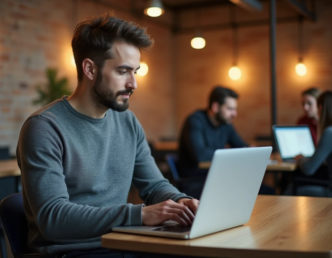 Jeune homme utilisant un ordinateur portable dans un espace de coworking pour postuler à des offres d'emploi