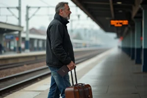 Homme pensif avec valise à la gare en départ