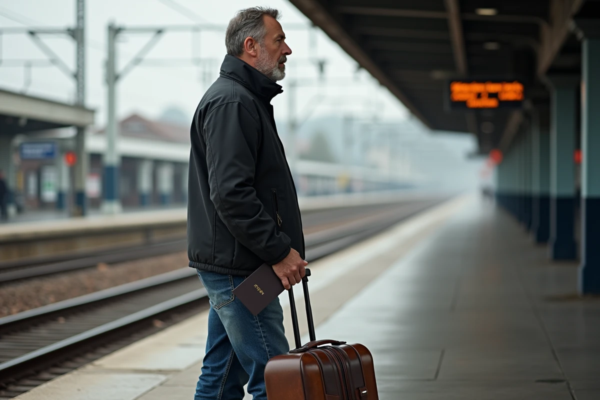 Homme pensif avec valise à la gare en départ