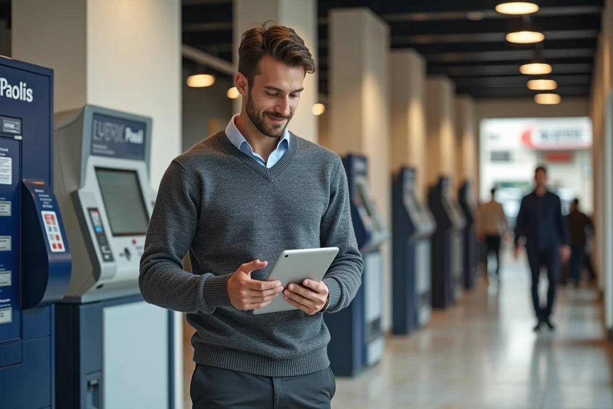 Jeune homme utilisant une tablette à la poste
