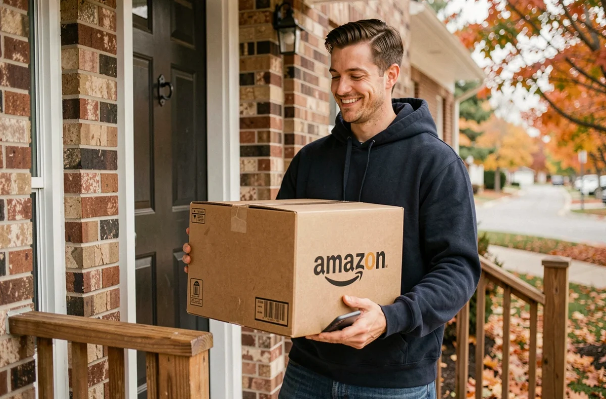 Homme recevant une livraison rapide grâce à son abonnement Amazon Prime devant sa maison