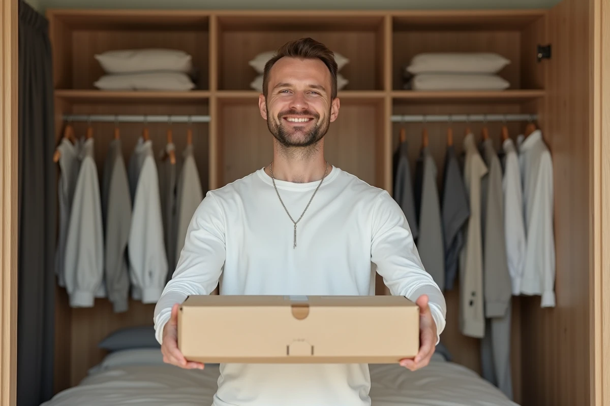 Homme tenant un article de mode reçu grâce au parrainage Zalando Privé devant son dressing