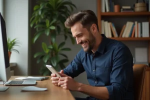 Homme consultant une offre de parrainage Zalando Privé sur son smartphone depuis son bureau à domicile