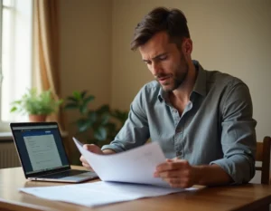 Homme consultant des documents de demande de prêt Action Logement refusé à son bureau dans un appartement
