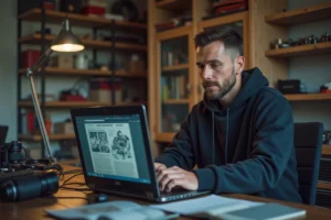 Homme en hoodie regardant un manuel auto sur son bureau