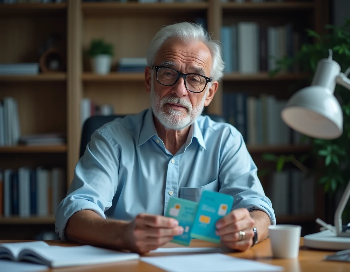 Homme senior comparant des forfaits de carte SIM pour téléphone Doro sur un bureau à domicile