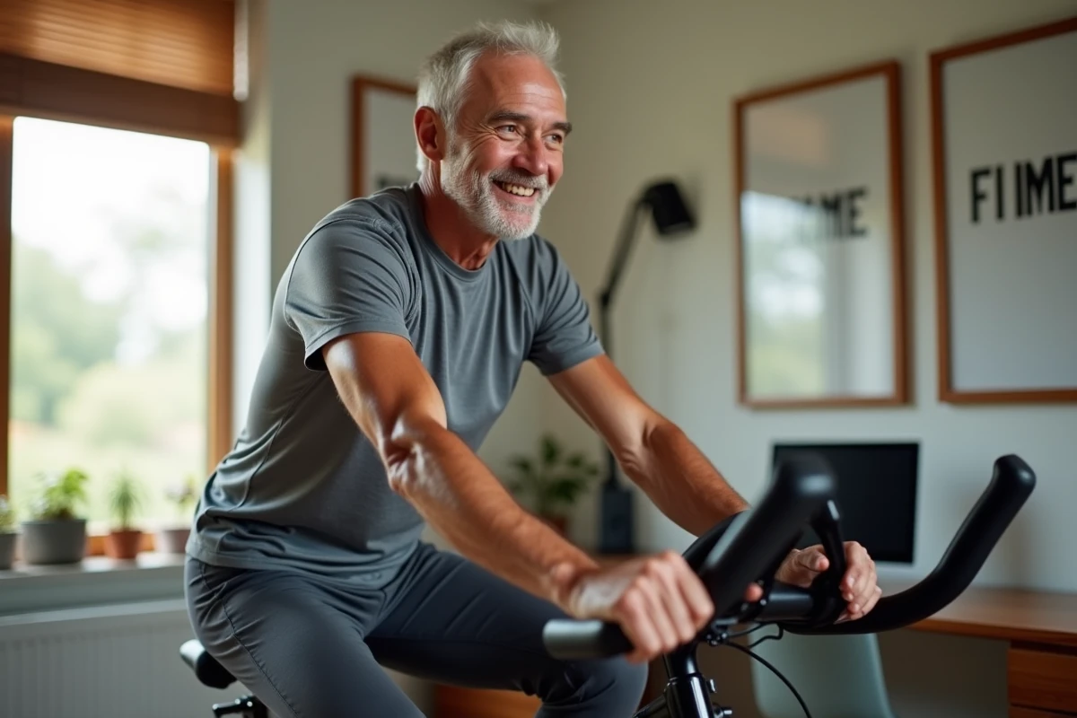 Homme senior pédalant sur un vélo d