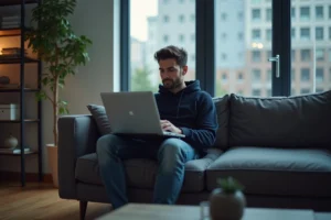 Homme regardant un streaming de formule 1 sur son ordinateur à la maison