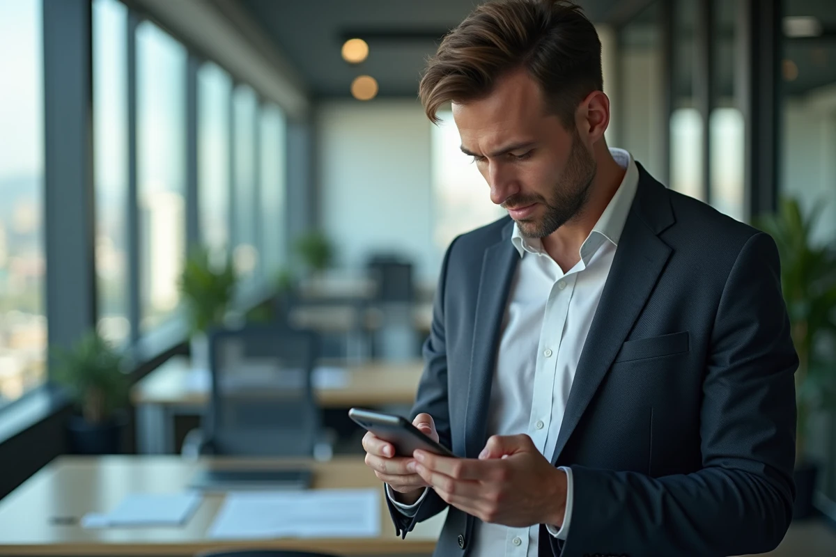 Homme en costume vérifiant une action sur son smartphone
