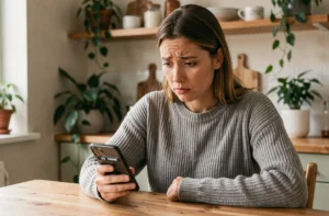Femme tenant un smartphone affichant un numéro inconnu commençant par 09, cherchant à identifier l'appelant