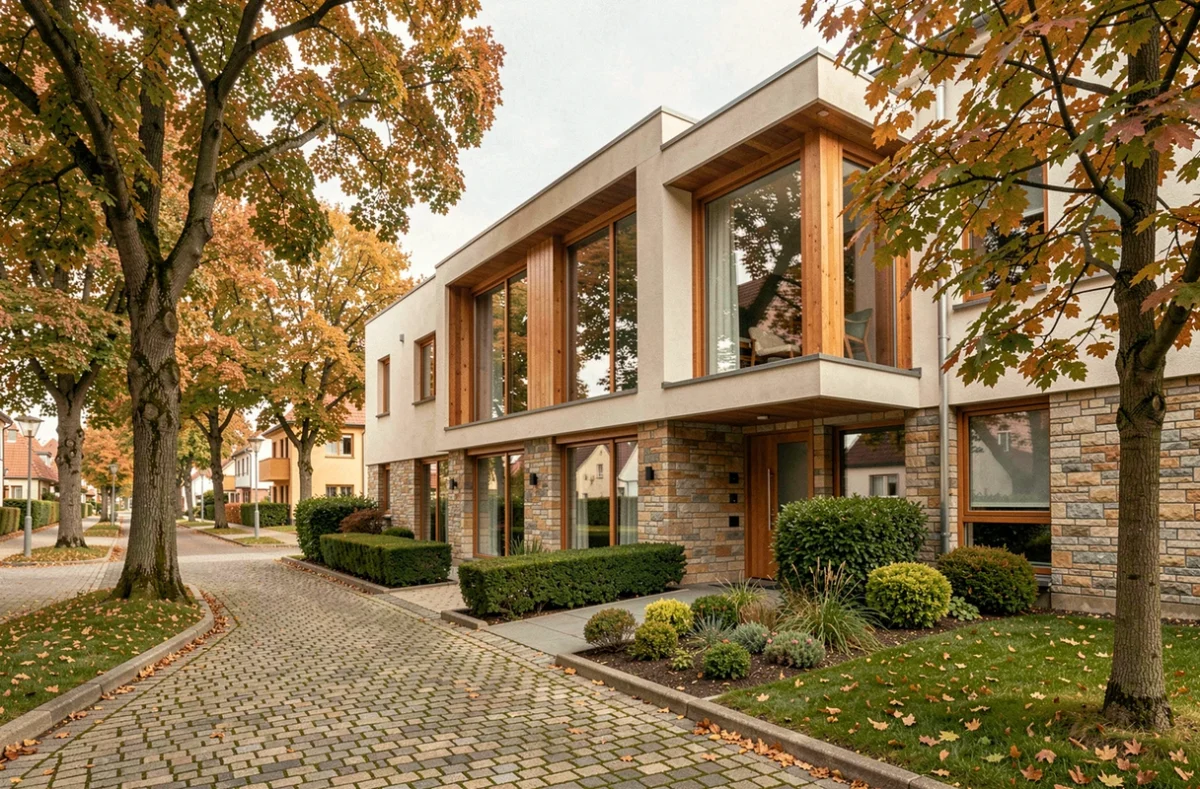 Immeuble résidentiel moderne au Luxembourg entouré d'arbres en automne, représentant une opportunité d'investissement immobilier