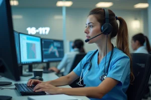 Infirmière en tenue médicale bleue répondant à un appel au centre de régulation du 116 117