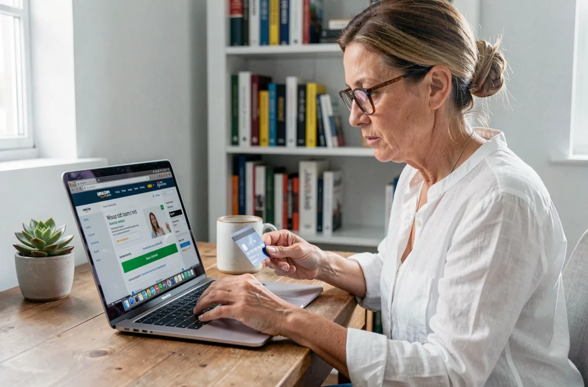 Femme en train de souscrire à un abonnement Amazon Prime sur son ordinateur portable depuis son bureau