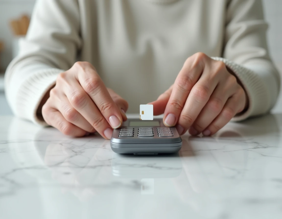 Gros plan de mains de senior insérant une carte SIM dans un téléphone Doro sur un plan de travail