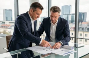 Investisseur immobilier au Luxembourg analysant des plans architecturaux dans un bureau moderne avec vue sur le quartier Kirchberg