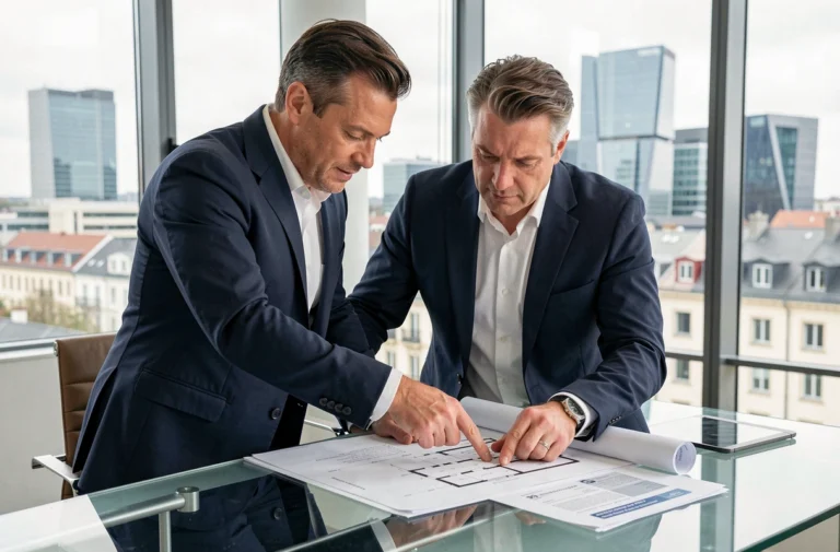 Investisseur immobilier au Luxembourg analysant des plans architecturaux dans un bureau moderne avec vue sur le quartier Kirchberg