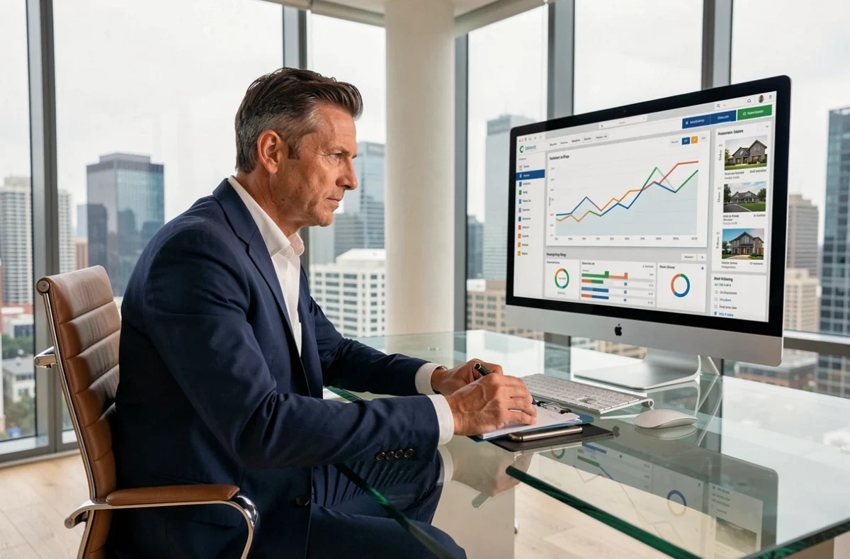 Investisseur immobilier analysant un tableau de bord de placements sur écran dans un bureau moderne avec vue sur la ville
