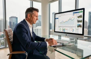 Investisseur immobilier analysant un tableau de bord de placements sur écran dans un bureau moderne avec vue sur la ville