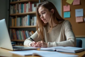 Jeune femme concentrée à étudier chez elle avec livres et notes