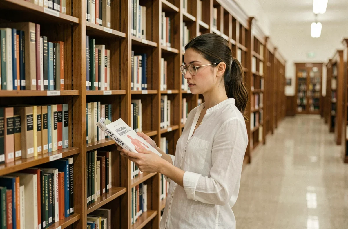 Jeune femme cherchant un ouvrage médical fiable dans une bibliothèque universitaire pour s'informer sur sa santé