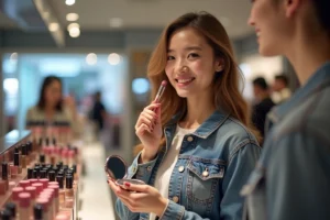 Jeune femme souriante testant des échantillons de maquillage dans un grand magasin
