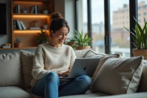 Jeune femme souriante regardant son ordinateur portable dans un salon cosy