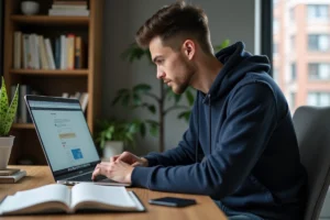Jeune homme en hoodie au bureau avec ordinateur portable