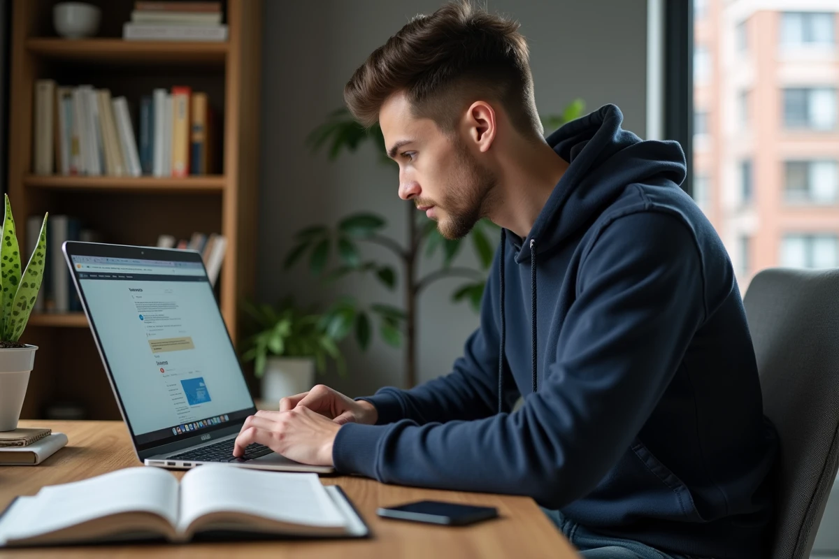 Jeune homme en hoodie au bureau avec ordinateur portable