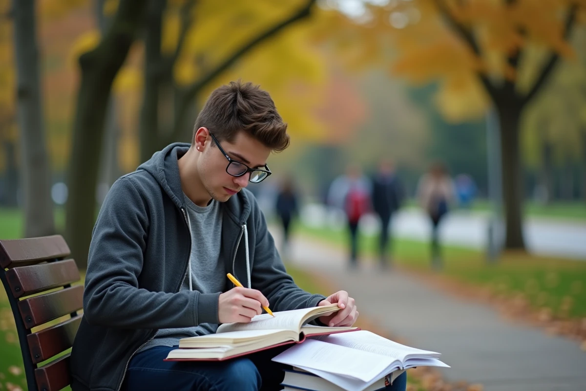 Jeune homme étudie en plein air sur un banc dans un parc