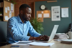 Journaliste beninois en action dans un newsroom moderne