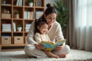 Femme souriante avec sa fille lisant un livre coloré à la maison