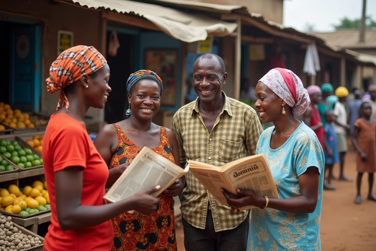 Groupe de personnes dans un marche beninois en plein jour