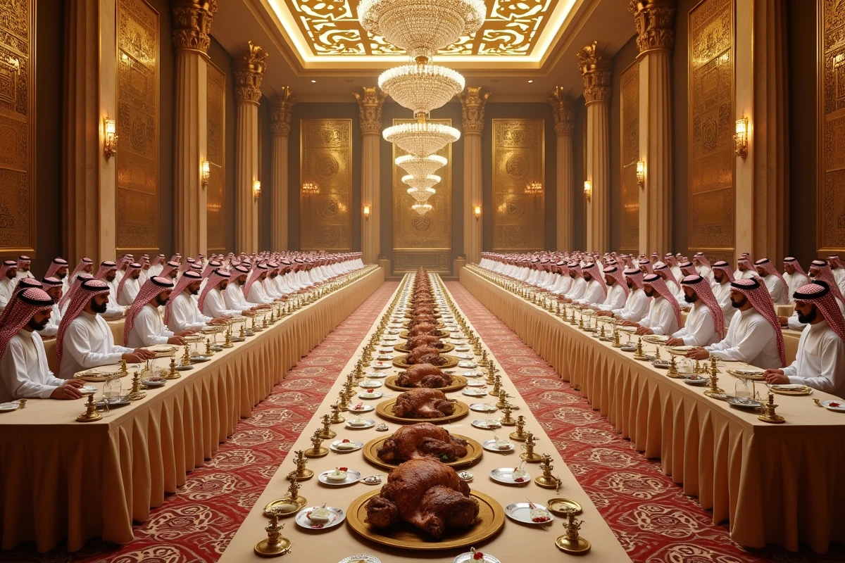 Grande salle de banquet nuptial saoudien avec des rangées de tables garnies de plats traditionnels, des invités en thobe blanc et des lustres en cristal dans un palais aux colonnes sculptées