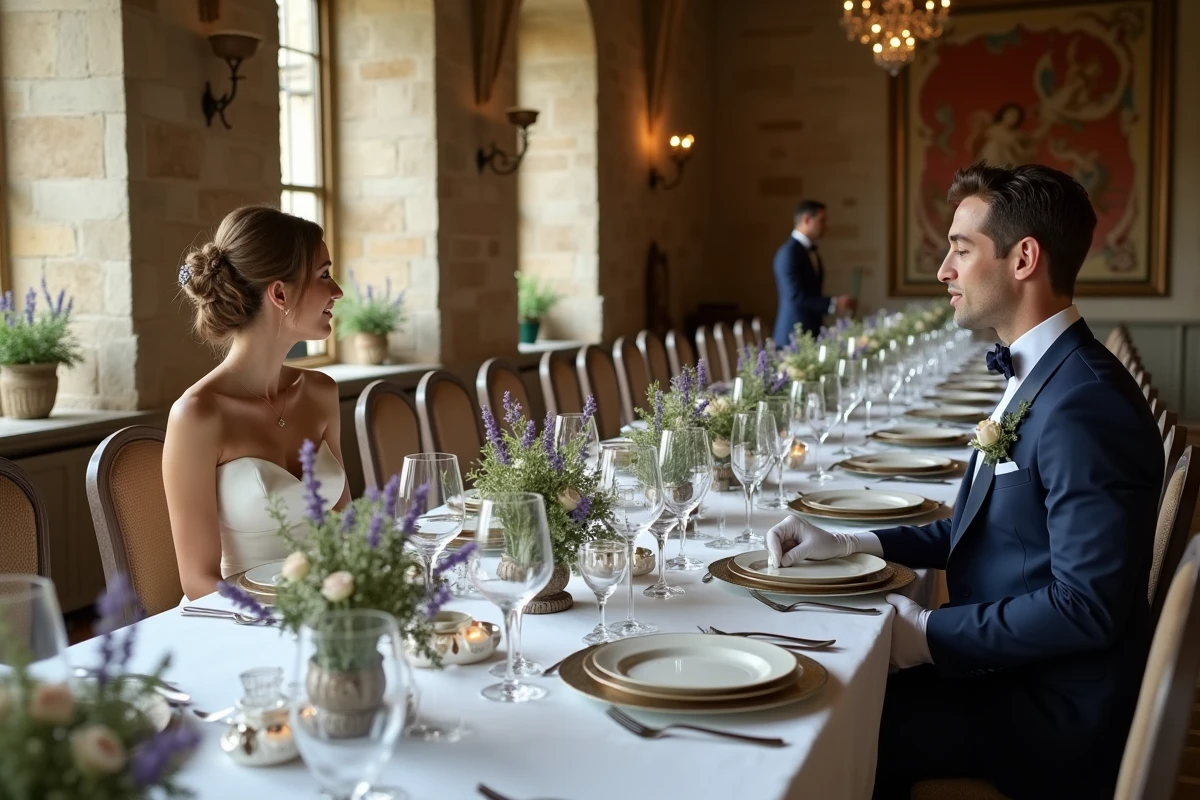 Réception de mariage dans un château de la Loire avec table de banquet en voûte de pierre, porcelaine fine, verres en cristal Baccarat et service en gants blancs pour un dîner gastronomique