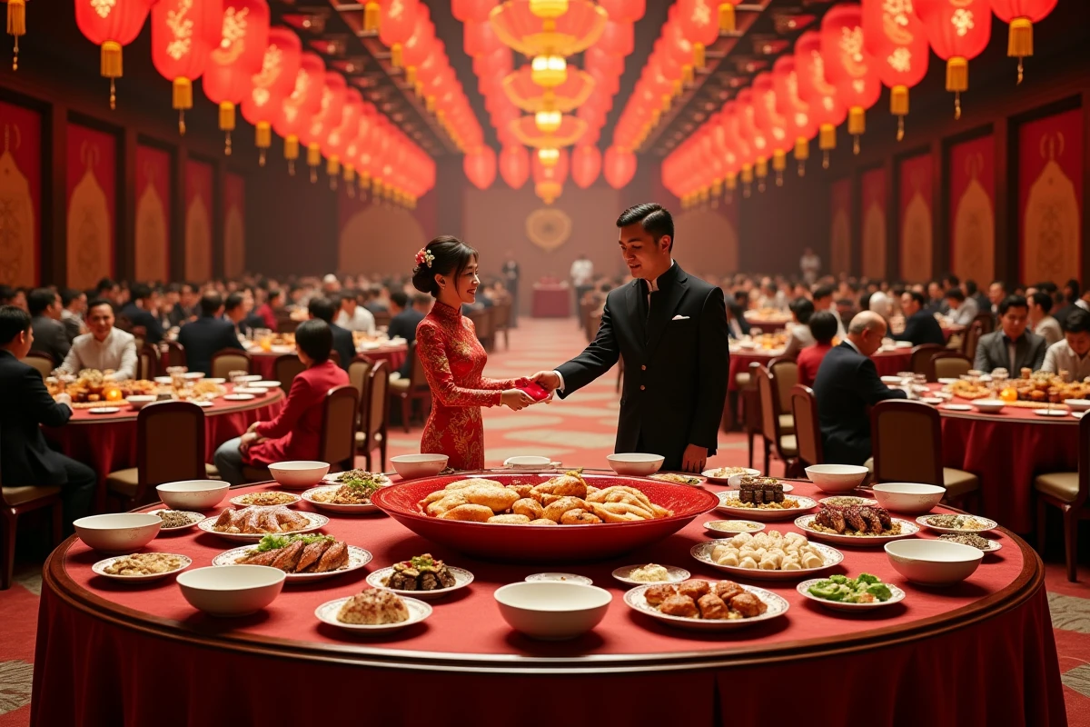 Banquet de mariage chinois dans une grande salle de Shanghaï avec la mariée en qipao rouge brodé or recevant une enveloppe rouge, tables rondes chargées de plats traditionnels et lanternes rouges