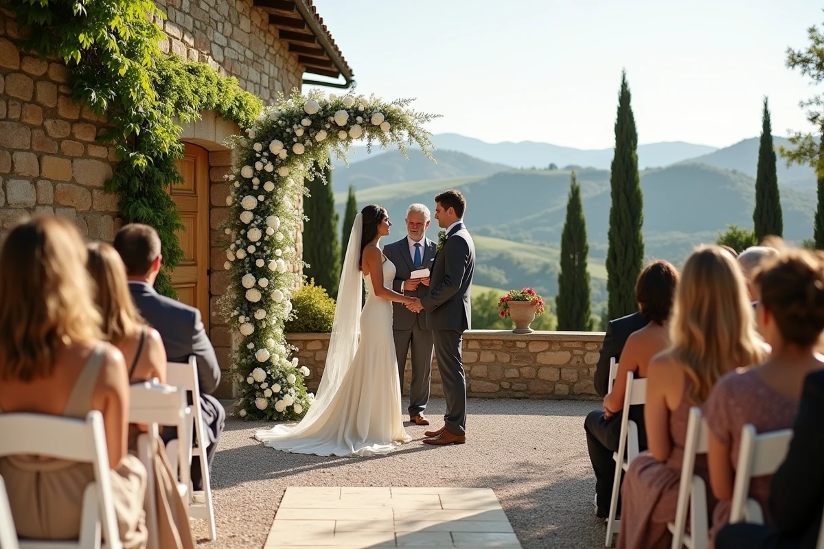Cérémonie de mariage sur une terrasse en pierre d'une villa toscane avec vue sur les collines du Chianti, la mariée en soie ivoire et un arc floral de pivoines blanches