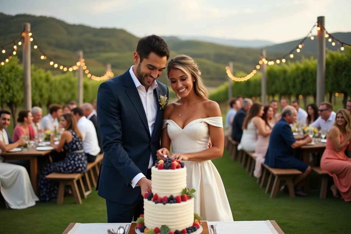 Couple de mariés américains coupant le gâteau lors d'une réception en plein air dans un vignoble de Napa Valley avec décoration rustique et guirlandes lumineuses