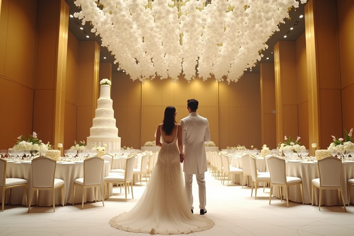 Couple de mariés dans un palace de Dubaï avec salle de réception dorée, orchidées en cascade et vaisselle de luxe représentant le standard nuptial des Émirats