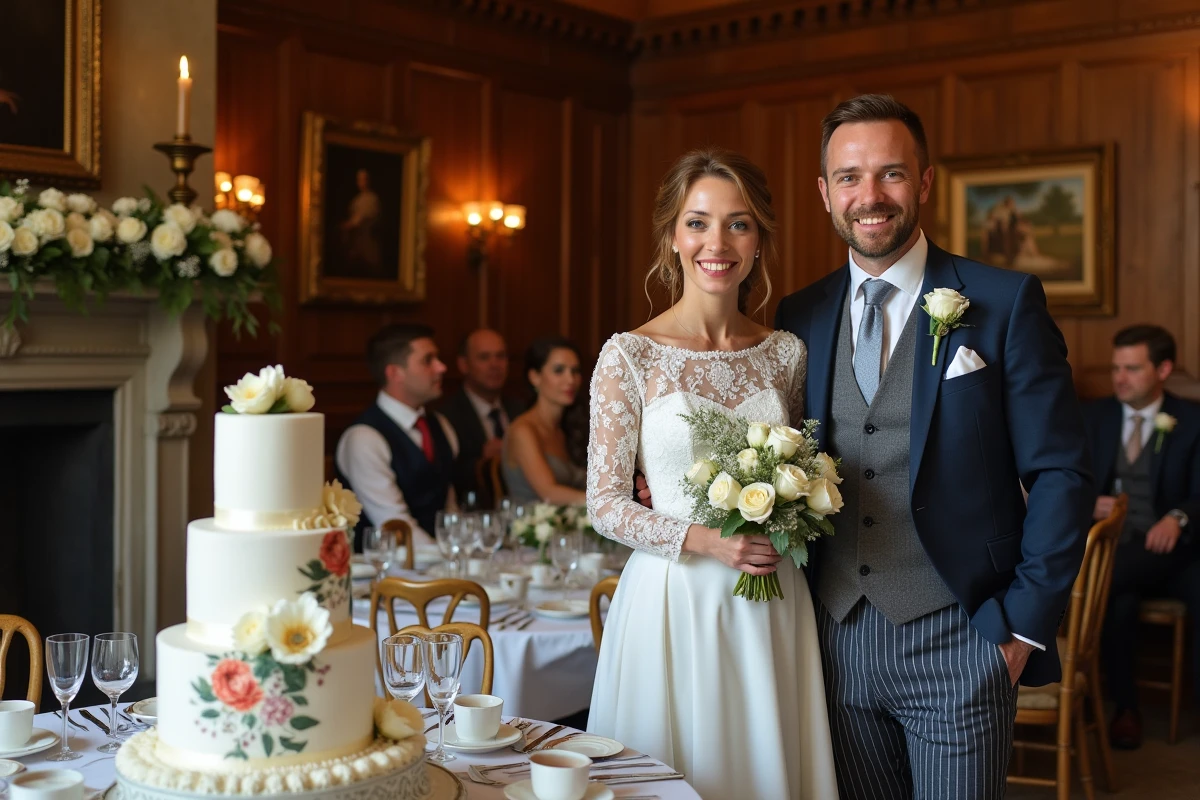 Couple de mariés britanniques dans un manoir géorgien avec salle de banquet en boiseries de chêne, vaisselle fine et gâteau de mariage ornemental