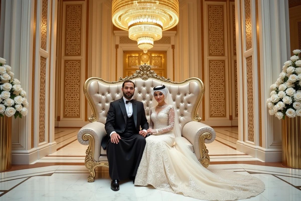 Couple de mariés qataris assis sur un trône ornemental dans un palais privé de Doha avec plafonds en feuille d'or et arrangements floraux monumentaux en roses blanches