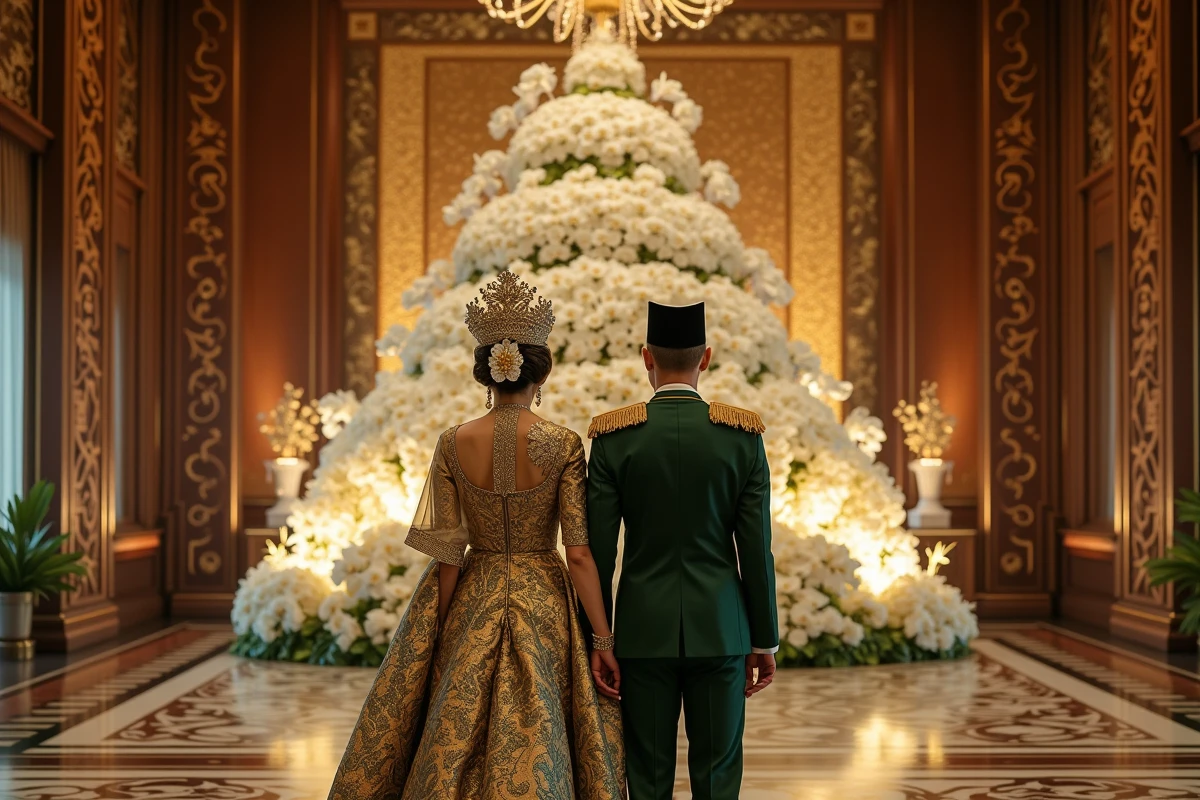 Couple de mariés brunéiens en tenue royale traditionnelle, songket brodé or et vert avec couronne, devant une tapisserie en soie et une installation florale d'orchidées dans un palais