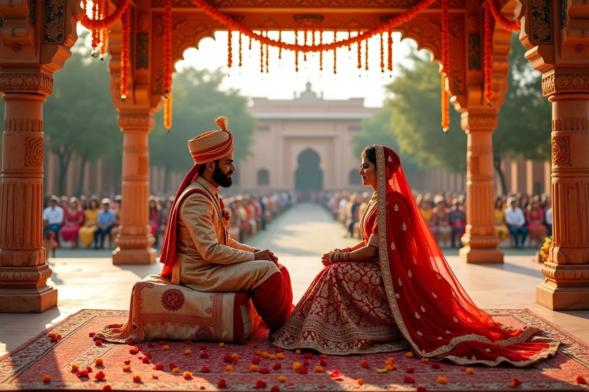 Couple lors d'un mariage traditionnel indien sous un mandap décoré de guirlandes de soucis, la mariée en saree rouge et or avec des bijoux lourds en Rajasthan