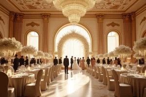 Grande salle de réception de mariage somptueuse avec décors floraux en ivoire et or, tables en soie et colonnes dorées représentant le luxe nuptial mondial