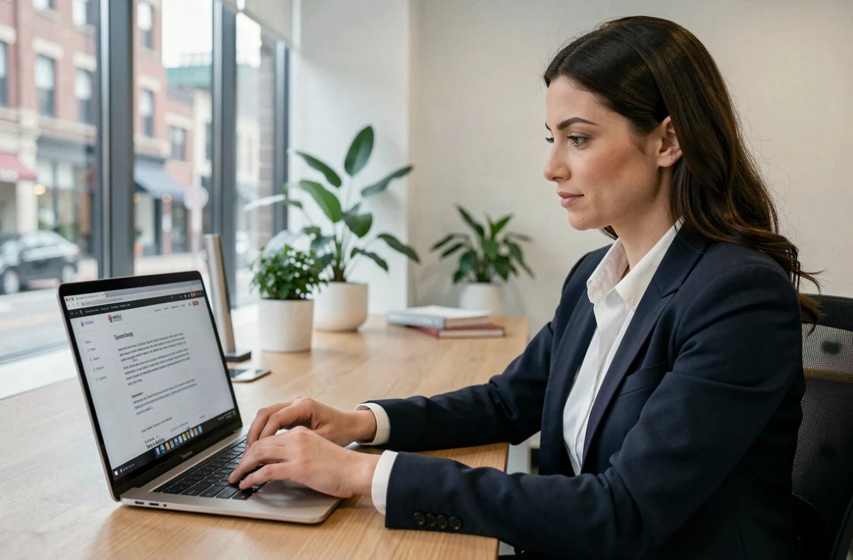 Femme professionnelle consultant les mentions légales d'un site web sur un ordinateur portable dans un bureau moderne