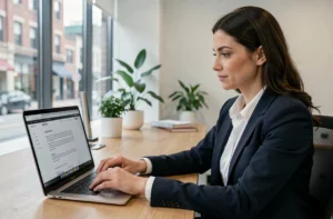 Femme professionnelle consultant les mentions légales d'un site web sur un ordinateur portable dans un bureau moderne