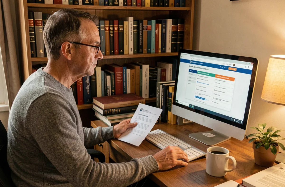 Homme consultant une liste de conformité légale pour un site web depuis son bureau à domicile