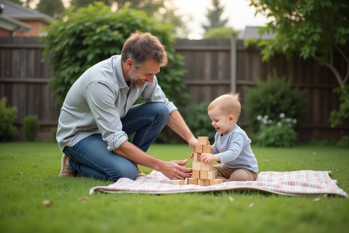 Père jouant avec son enfant dans le jardin en plein air