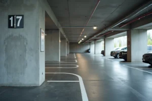 Place de parking en sous-sol d'une copropriété moderne avec marquages au sol et numérotation